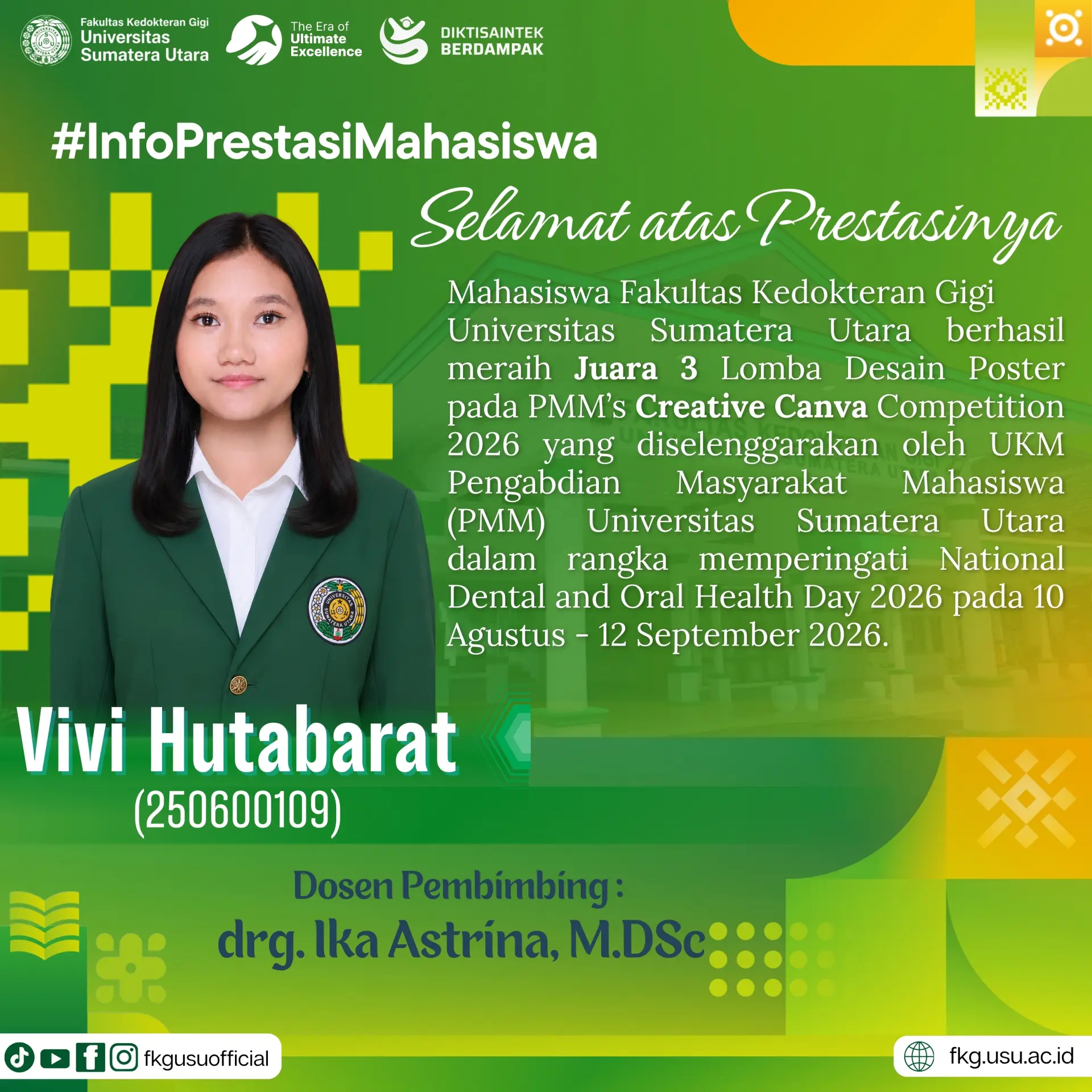 Mahasiswa Fakultas Kedokteran Gigi USU Raih Juara 3 Lomba Desain Poster pada PMM’s Creative Canva Competition 2026